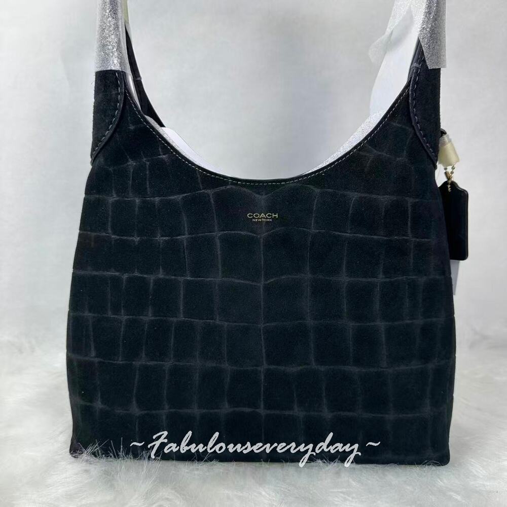 Coach Brooklyn shoulder bag 28 Crocodile-embossed Suede/Brass/black CCJ00 NWT - Picture 3 of 10